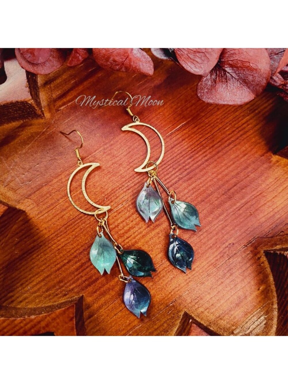 Cosmic Forest Long Dangle Leaves Earrings Crescent Moon Whimsical Jewelry